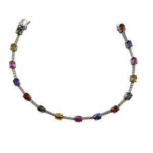 Vintage White Gold Multi Color Natural Sapphire and Diamond Link Bracelet #13336